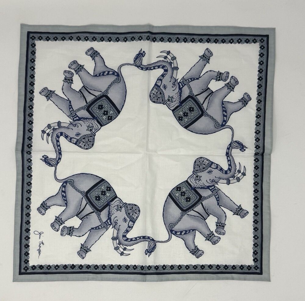 Jim Thompson Scarf/Napkin/Handkerchief Elephant Print ﻿16”x16” Blue White